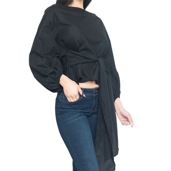 French Balloon Sleeve Cotton Blend Tie Front Paris Cocktail Tea Party Top T54601 - Picture 6 of 8